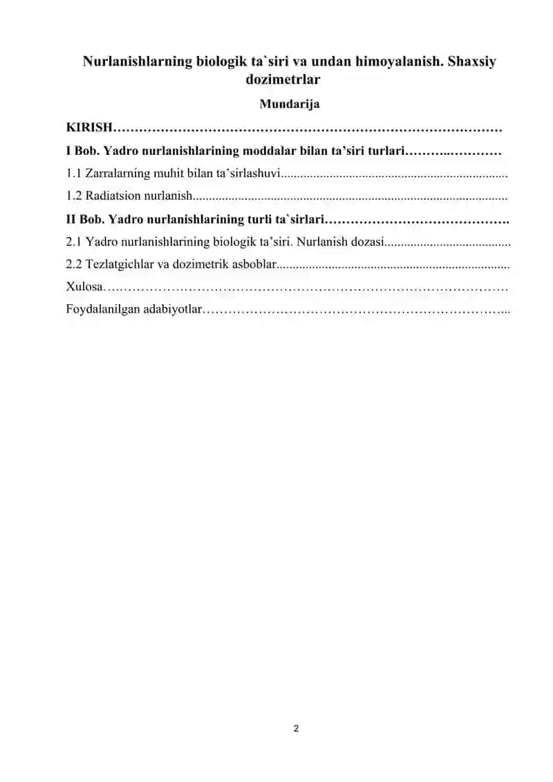 Nurlanishlarning biologik ta`siri va undan himoyalanish. Shaxsiy dozimetrlar KURS ISHI 2