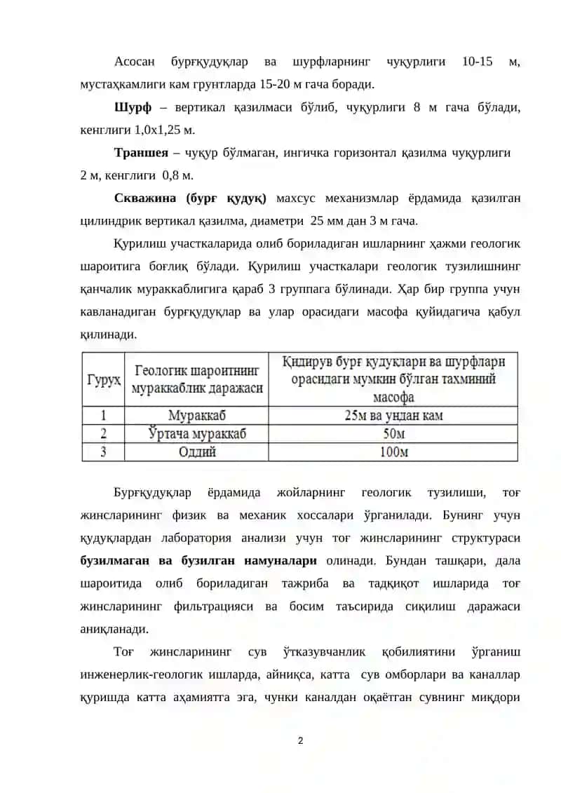 ИНЖЕНЕРЛИК-ГЕОЛОГИК ВА ГИДРОГЕОЛОГИК ҚИДИРУВ ИШЛАРИ 2