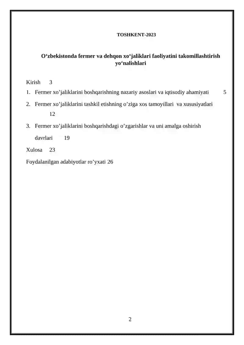 O‘zbekistonda fermer va dehqon xo‘jaliklari faoliyatini takomillashtirish yo‘nalishlari 2