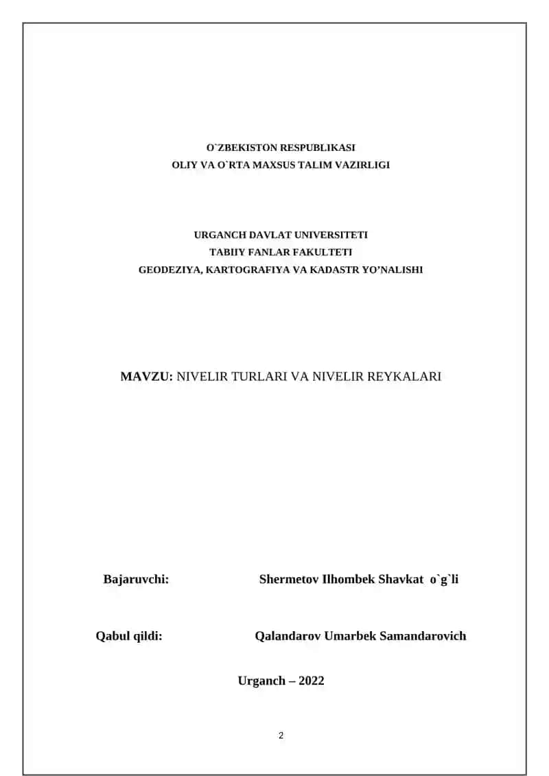 NIVELIR TURLARI VA TEXNIKAVIY VA O’RTA ANIQLIKDAGI NIVELIRLAR 2