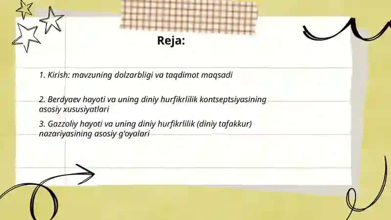 Din va hurfikrlilik mavzusida prezentatsiya tayyorlash Berdyaevning diniy hurfikrlilik haqidagi goyalarini gazzoliy goyalari bilan qiyoslash 2