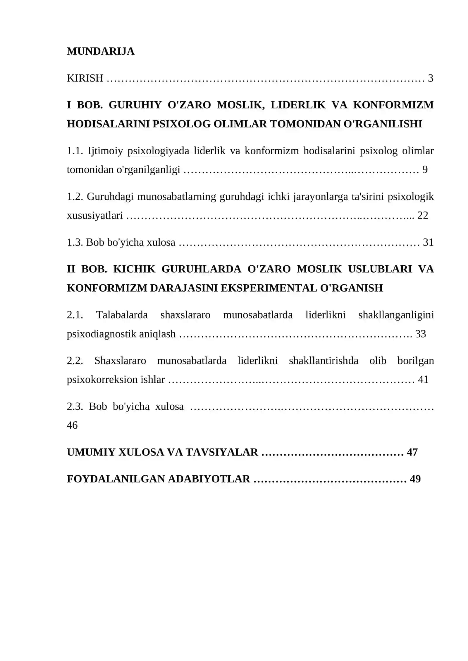 GURUHIY O'ZARO MOSLIK, LIDERLIK VA KONFORMIZM HODISALARI 2