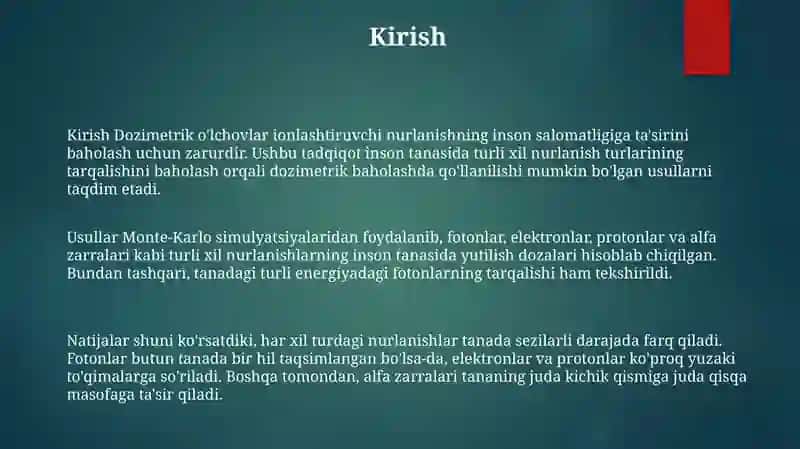 Yutilgan Nurlar Energiyasini Dozimetrik Baholash Turli Nurlarni Odam Tanasida Taqsimlanishi 2