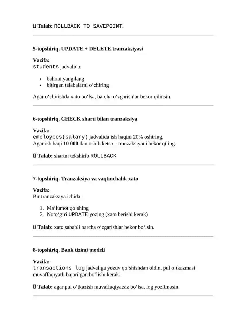 SQL’da tranzaksiyalarni boshqarish (Transactions Management) 2