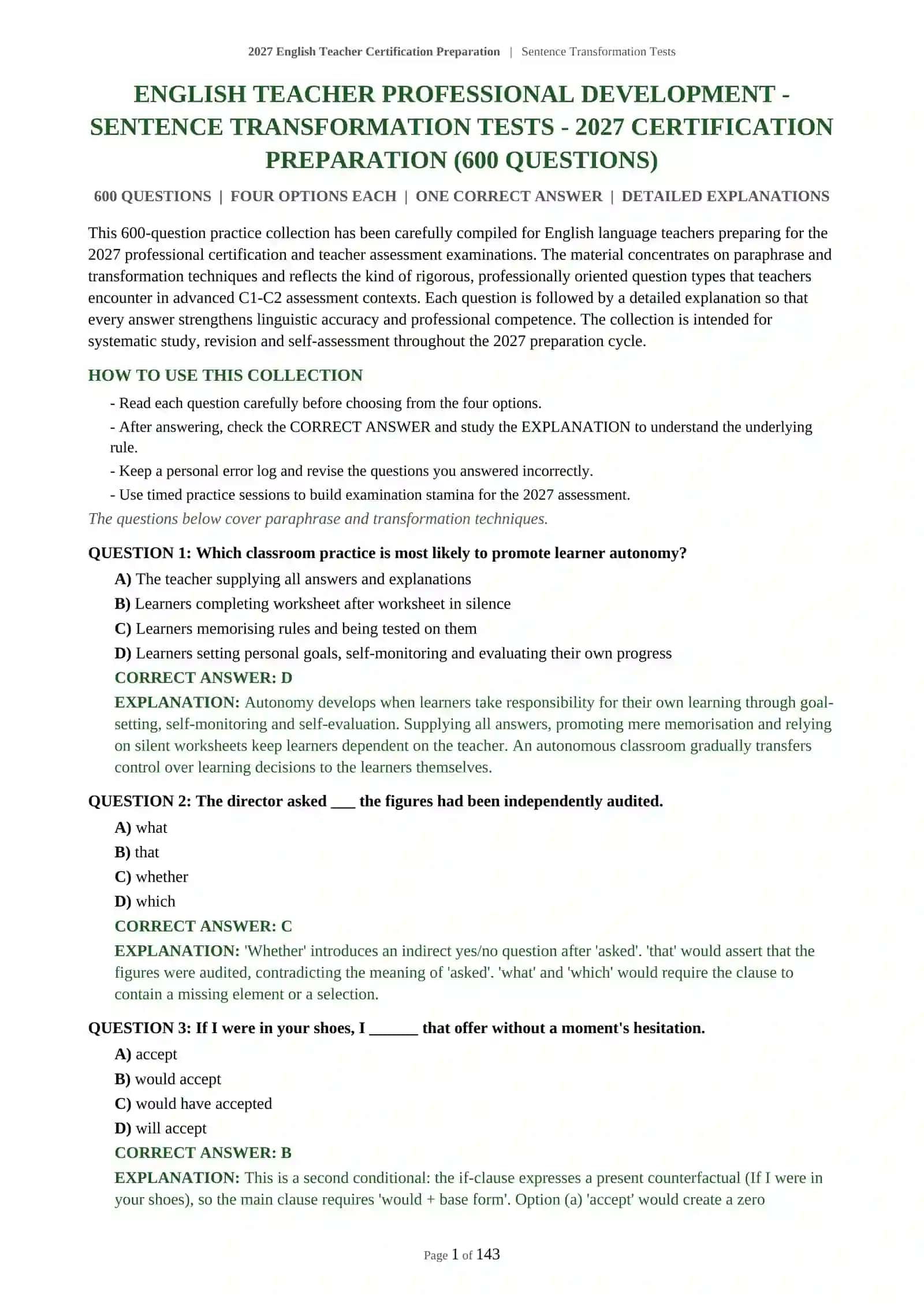 2027 English Teacher Certification Preparation | Sentence Transformation Tests 2