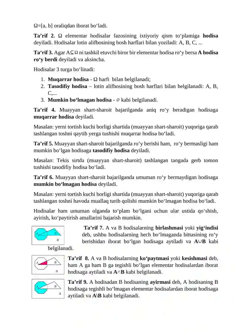 HODISALAR TURLARI. TASODIFIY HODISA. HODISALAR USTIDA AMALLAR. ELEMENTAR HODISALAR FAZOSI. EHTIMOOLLIKNING KLASSIK, STATISTIK, GEOMETRIK TAʻRIFLARI. KOLMOGOROV AKSIOMALARI 2