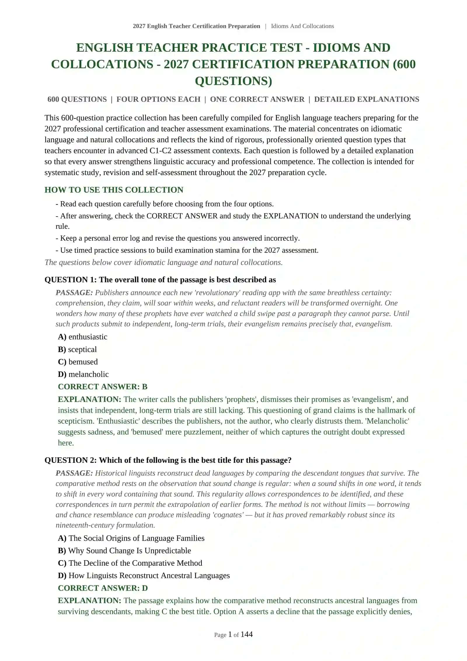 Idioms And Collocations English Teacher Certification Preparation 2027 2