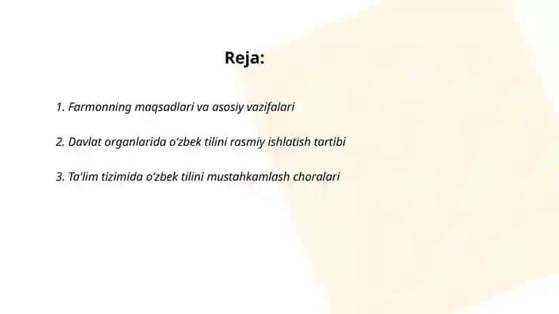 O‘zbek tilining davlat tili sifatidagi nufuzi va mavqeyini tubdan oshirish chora-tadbirlari 2