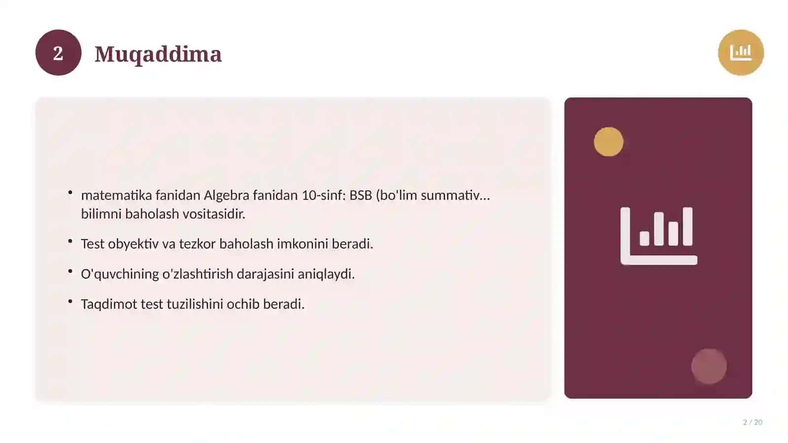 Algebra fanidan 10-sinf: BSB (bo'lim summativ baholash) 2