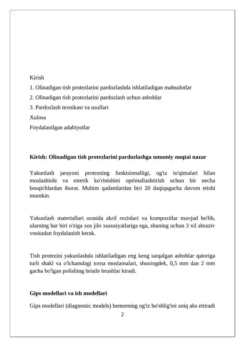 Olinadigan tish protezlarini pardozlashda ishlatiladigan maxsulotlar va asboblar 2