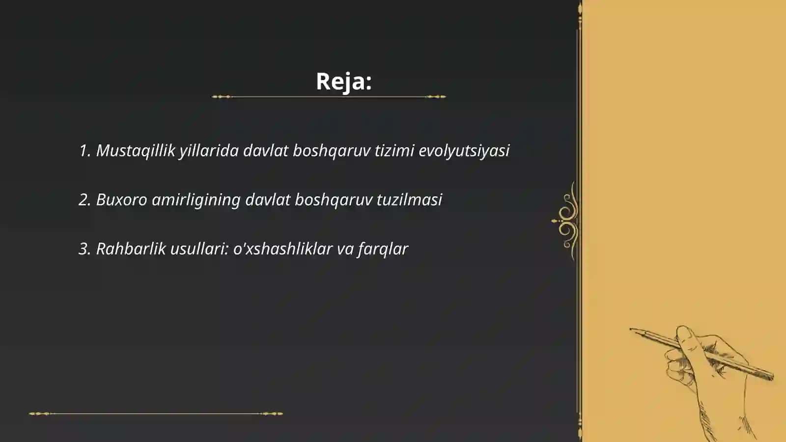 Mustaqillik yillarida davlat boshqaruv tizimini Buxoro amirligi davlat boshqaruv tizimi bilan solishtirish 2