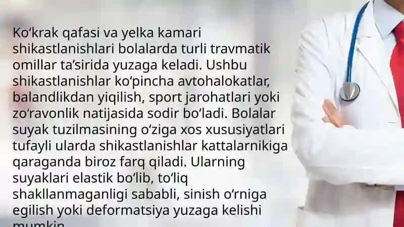 Koʻkrak qafasi va yelka kamari shikastlanishlari bolalarda koʻkrak qafasi shikastlanishlari. Oʻziga xosligi. Yelka suyagi. Yelka qon bilan taminlanishi. Yelka inervatsiyasi 2