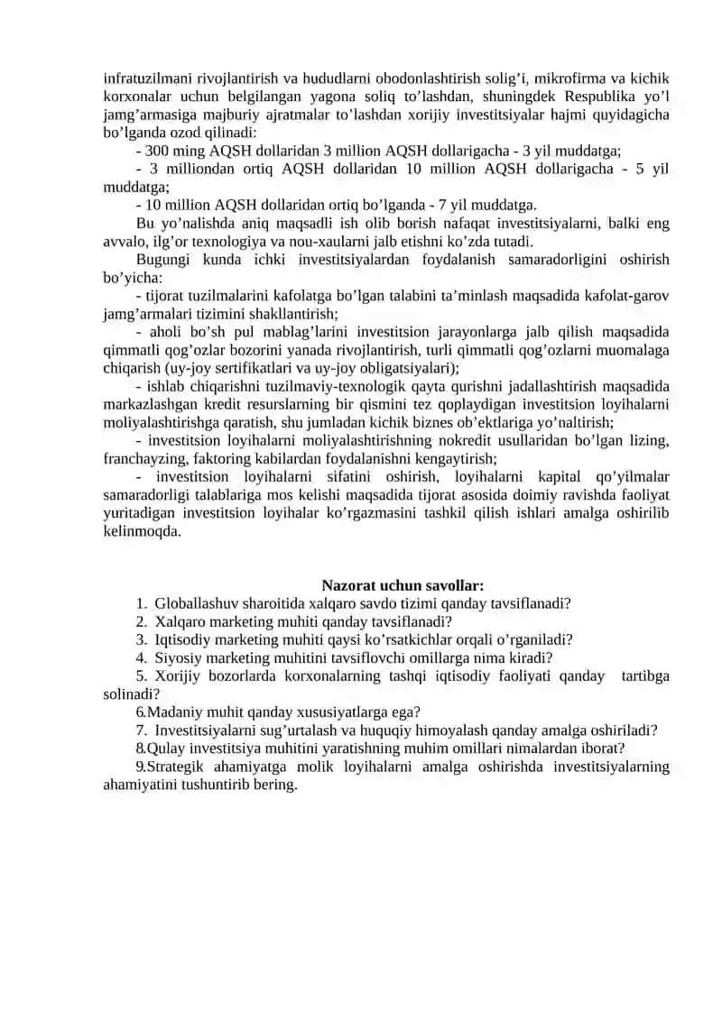 INVESTITSION SIYOSAT, XORIJIY INVESTITSIYALARNI HUQUQIY HIMOYALASH VA SUG’URTALASH 2