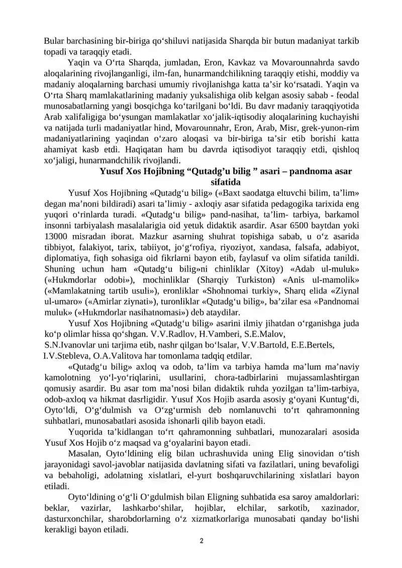 YUSUF XOS HOJIB, MAXMUD QOSHG’ARIY VA AXMAD YUGNAKIYNING TA’LIMIY-AXLOQIY QARASHLARI. KAYKOVUSNING “QOBUSNOMA" ASARI VA JUVONMARDLIK TARBIYASI 2