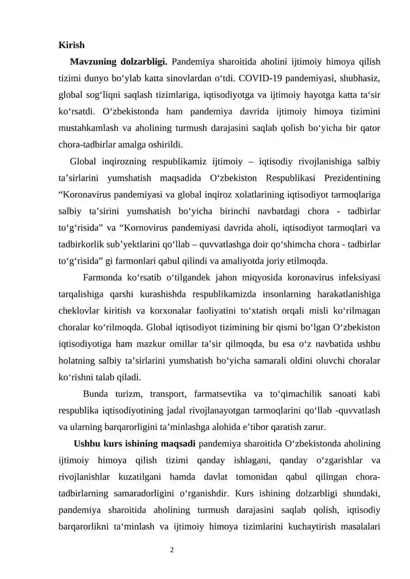 Pandemiya sharoitida O’zbekistonda aholini ijtimoiy himoya qilish tizimi amal qilishining xususiyatlari 2
