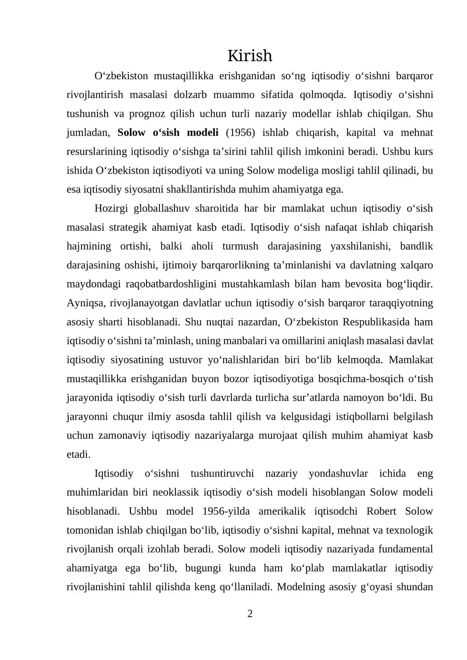 Solow O'sish Modeli bilan O'zbekistonda Iqtisodiy O'sishning Mosligi 2