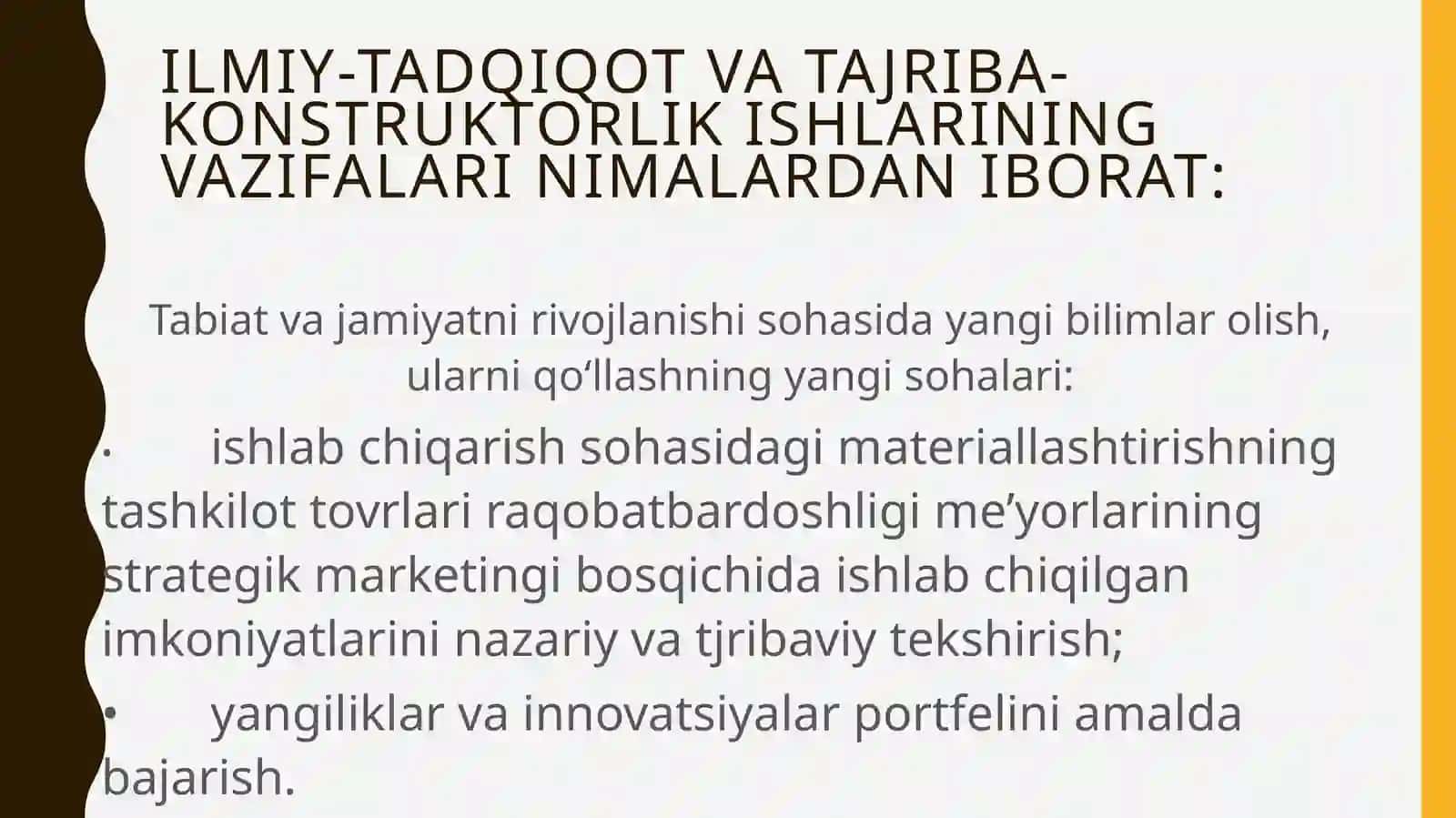 Ilmiy-tadqiqot va tajriba-konstruktorlik ishlarining vazifalari, tamoyillari va bosqichlari 2