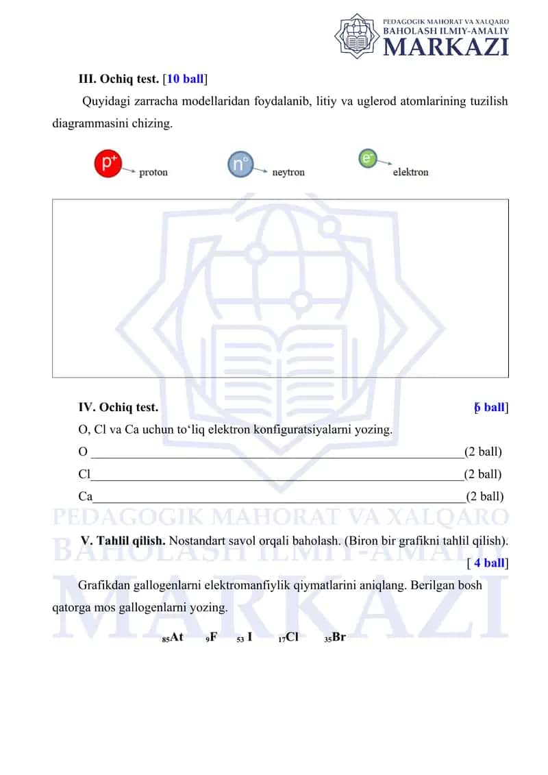 Umumta’lim maktabining 2023-2024-o‘quv yili kimyo fanini o‘quvchilarining kimyo fanini o‘zlashtirish darajasini aniqlash uchun test, savol, masala va topshiriqlar varianti 2