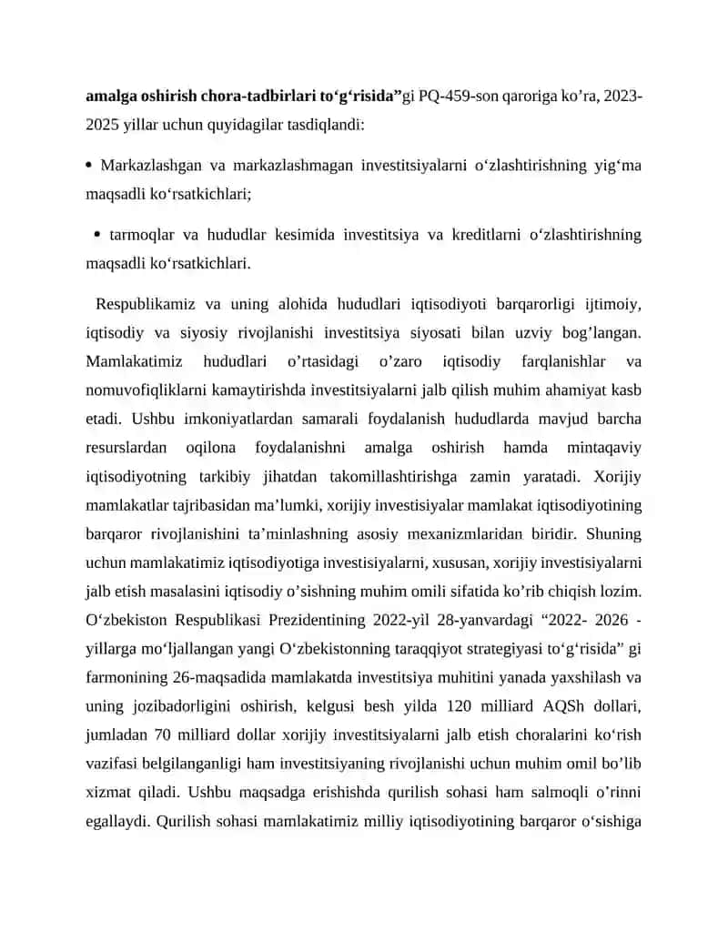 O’ZBEKISTONGA XORIJIY INVESTITSIYALARNI JALB ETISH 2