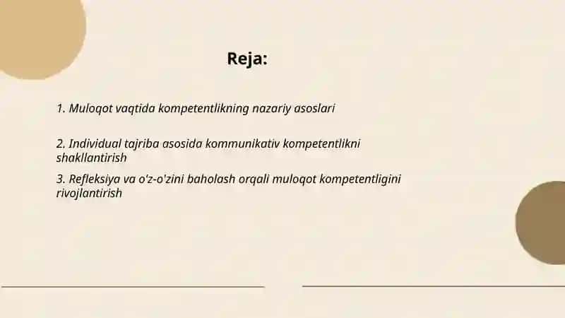 Reja: Muloqot vaqtida kompetentlikning nazariy asoslari 2