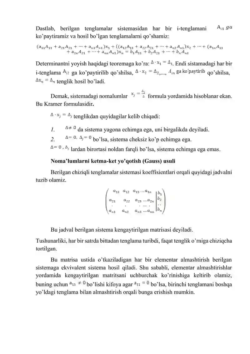 Chiziqli tenglamalar sistemasi Kramer va Gauss va matritsa usullarida yechish. 2