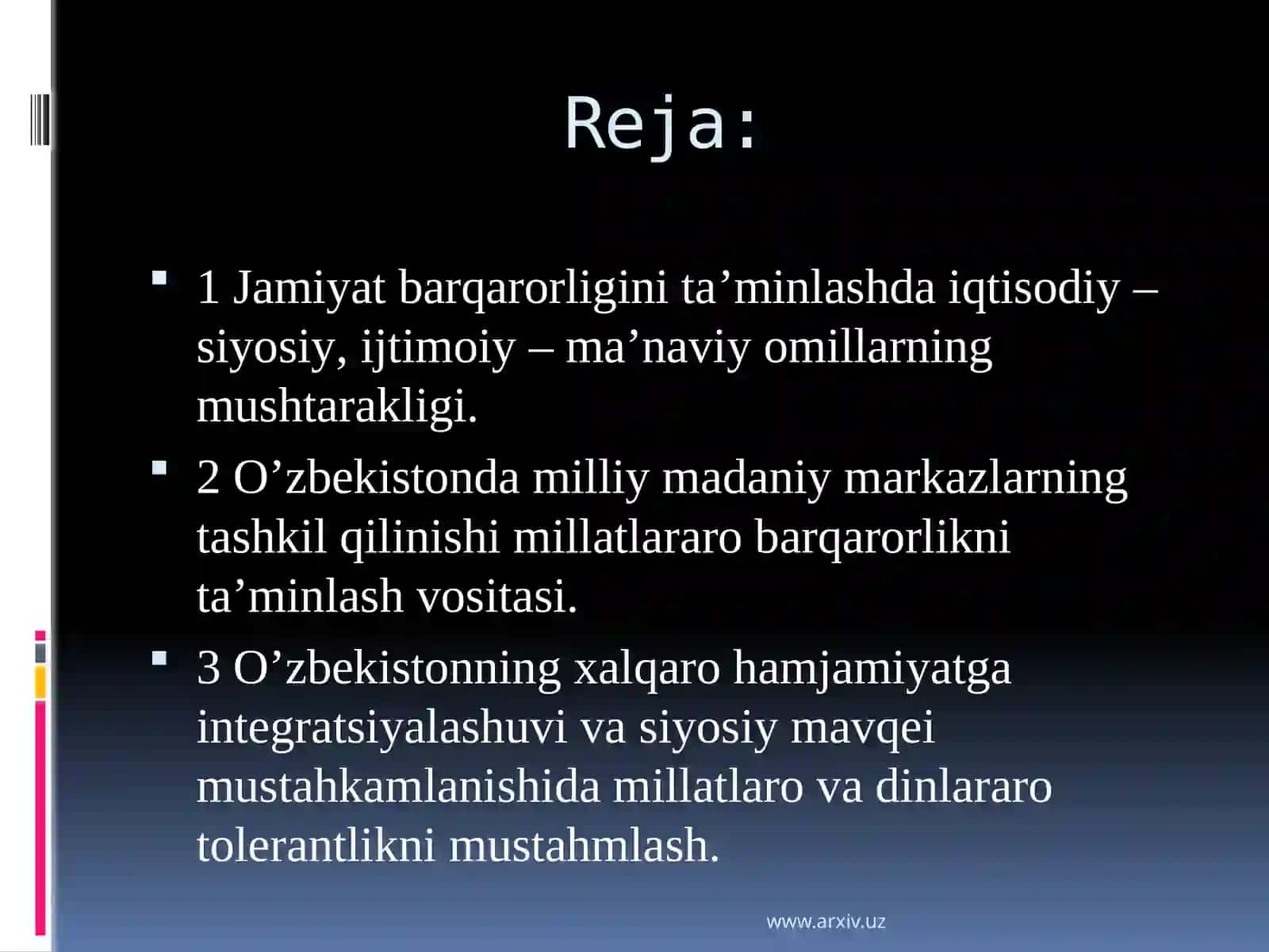Oʻzbekistonning mintaqadatinclik va barqarorlik nit'aminlash borasidagi siyosati 2