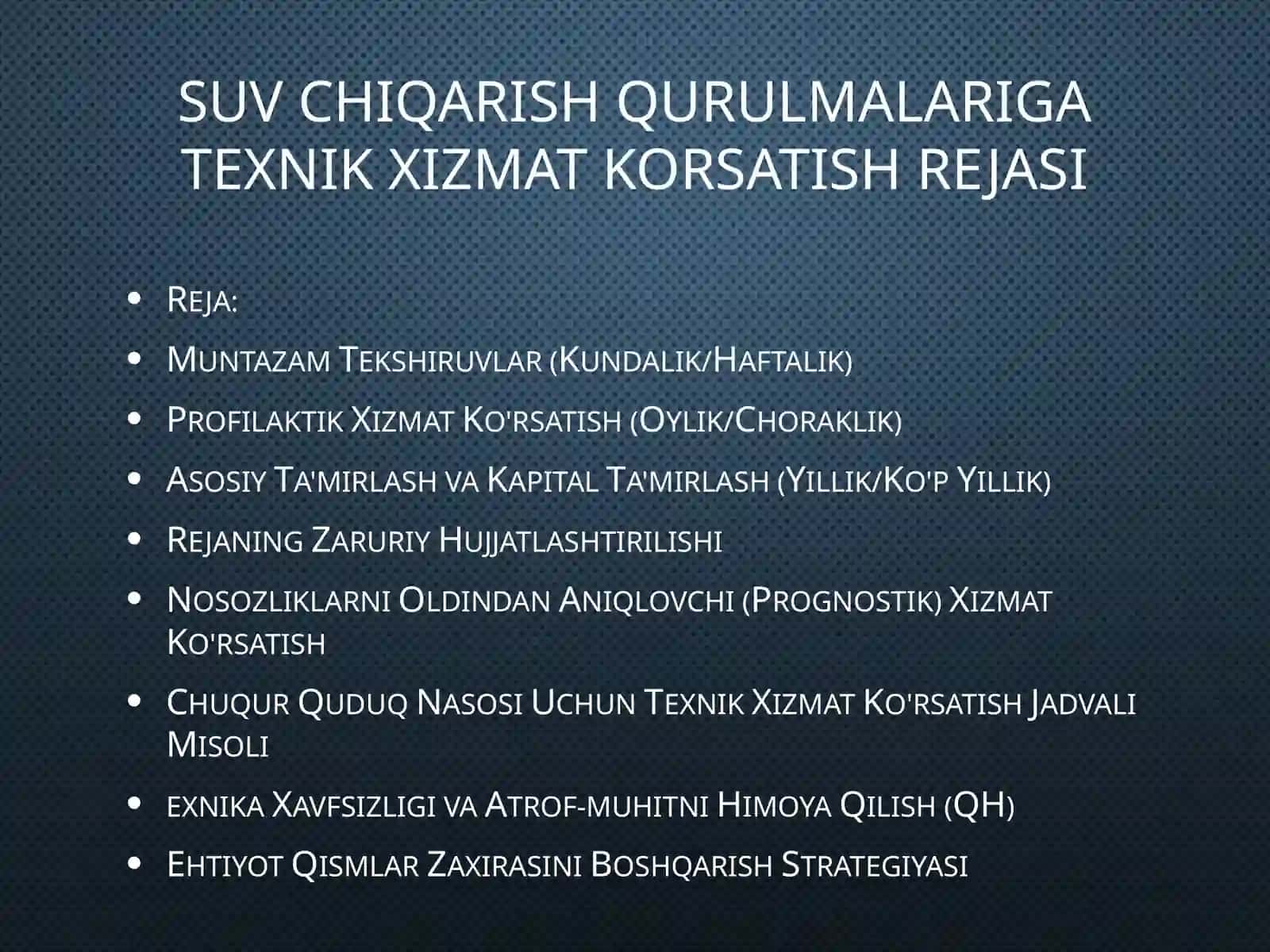 Suvchiqarish qurulmalari gat texnik xizmat korsatish rejasi 2