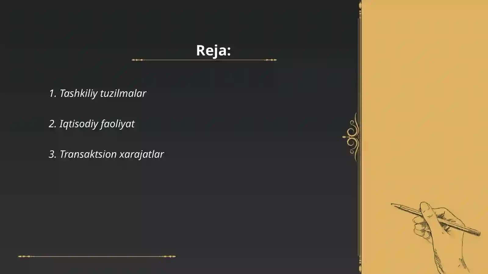 Tashkiliy tuzilmalar va iqtisodiyotning ishlashiuchun transaktsion xarajatlar va mulkiy huquqlarningahamiyatini ochib bergani va ko'rsatgani uchun 2