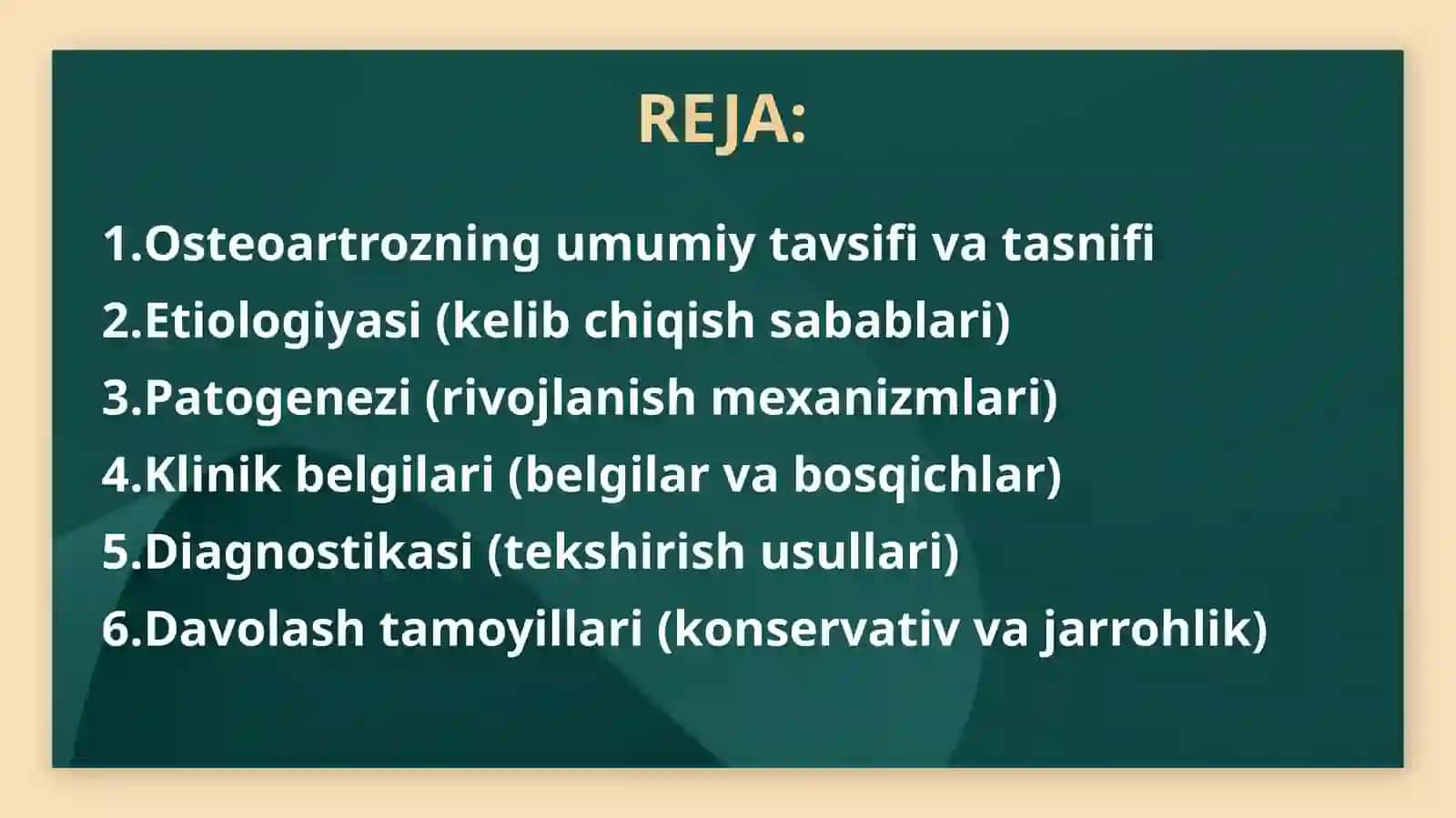 OSTEOARTROZ. DEFORMATSIYALOVCHI OSTEOARTROZ: ETIOLOGIYA, PATOGENEZ, KLINIKA, DIAGNOSTIKA, DAVOLASH 2