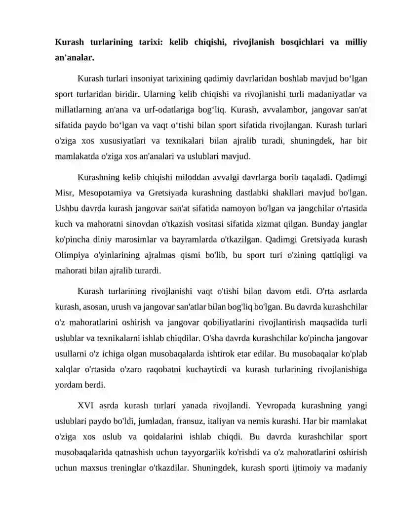 Kurash turlarini tarixi Istqbolari va mutaxasizlarni tayyorlash Inspetsiyasi. 2