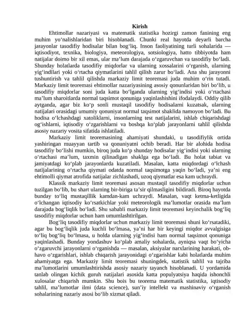 Bogʻliq boʻgʼliq boʻlmagan tasodifiy miqdorlar ketma ketligi uchun markaziy limit teoremasi 2
