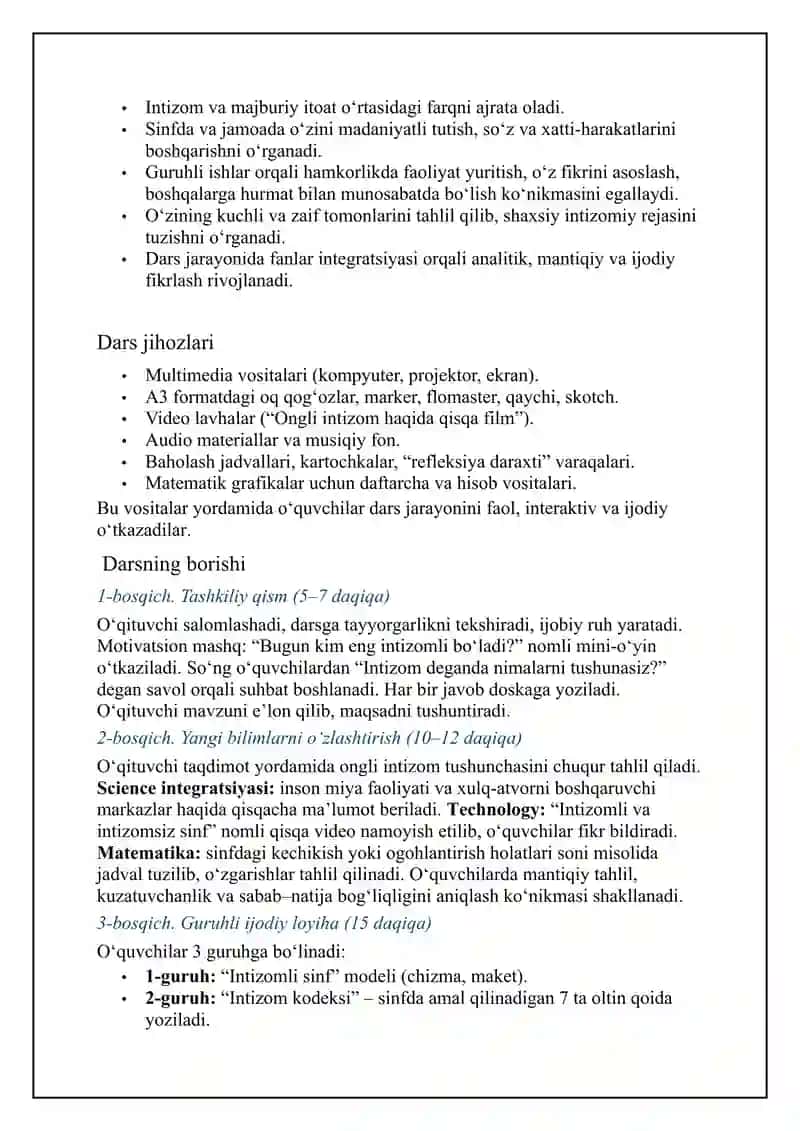 O‘quvchilarda ongli intizomlilikni tarbiyalash mavzusi bo‘yicha STEAM ta’lim asosida dars ishlanma 2