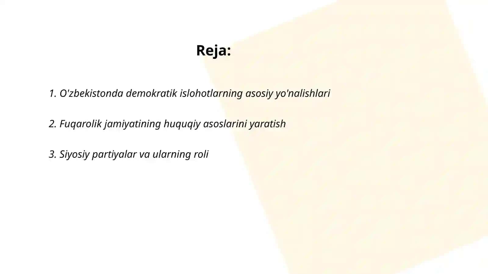 Ózbekistonda Demokratik fuqorolik jamiyati asoslarining shakllanishi amalga oshirilgan siyosiy islohatlar 2
