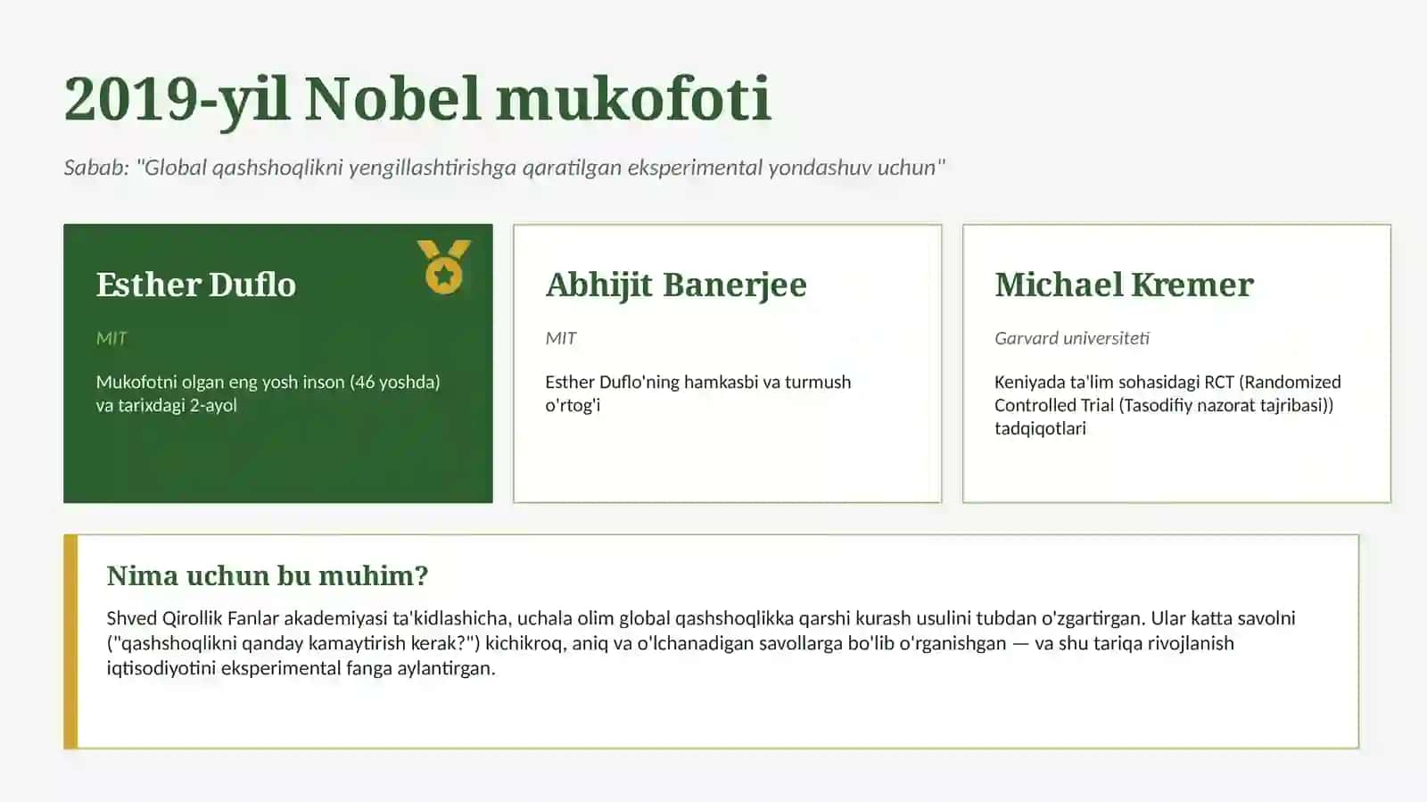 Esther Duflo va Qashshoqlikka Qarshi Eksperimental Yondashuv (A+ Mustaqil ish / Prezentatsiya) 2