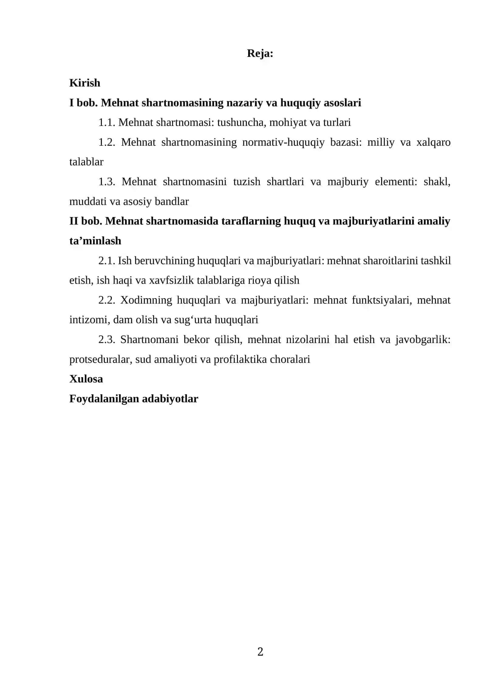 MEHNAT SHARTNOMASIDA TARAFLARNING HUQUQ VA MAJBURIYATLARI KURS ISHI 2