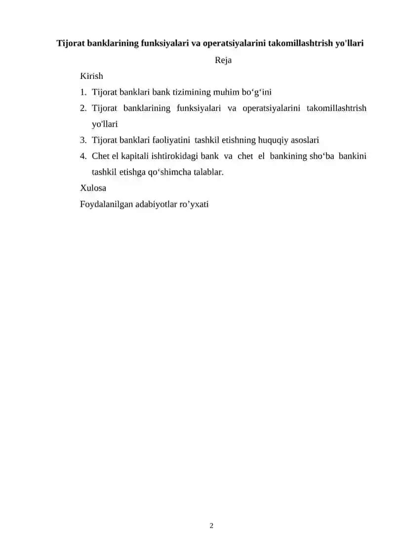 Tijorat banklarining funksiyalari va operatsiyalarini takomillashtrish yo'llari 2