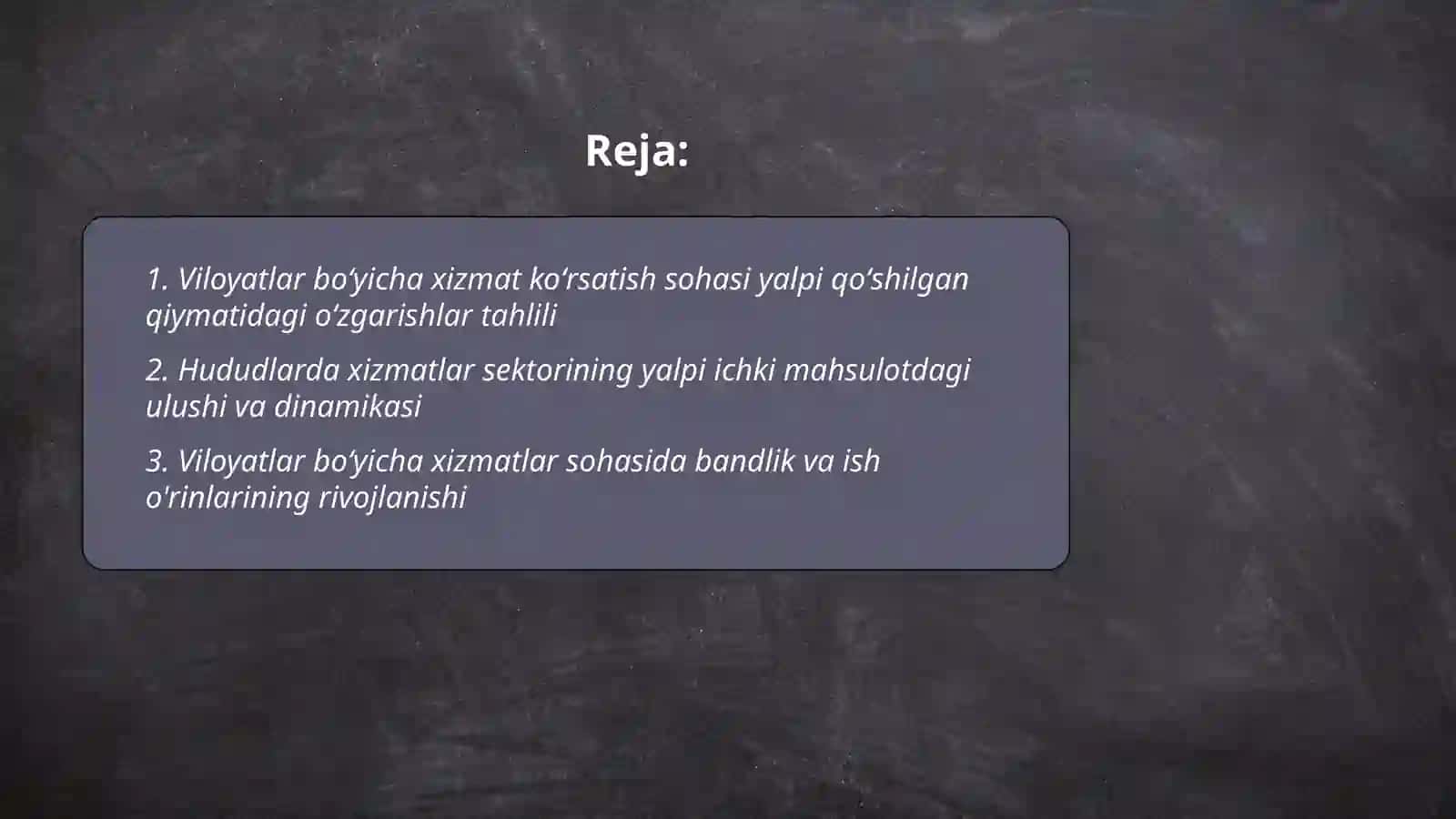 Oʻzbekistonda xizmat koʻrsatish sohasini viloyatlar boʻyicha rivojlanish dinamikasi va uning analizi 2