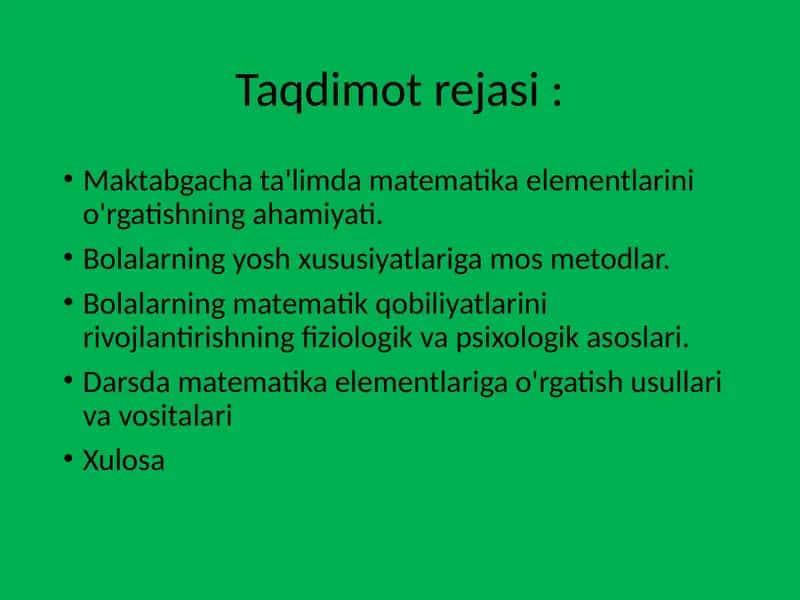 Maktabgacha yoshdagi bolalarni matematika elementlariga o'rgatish 2