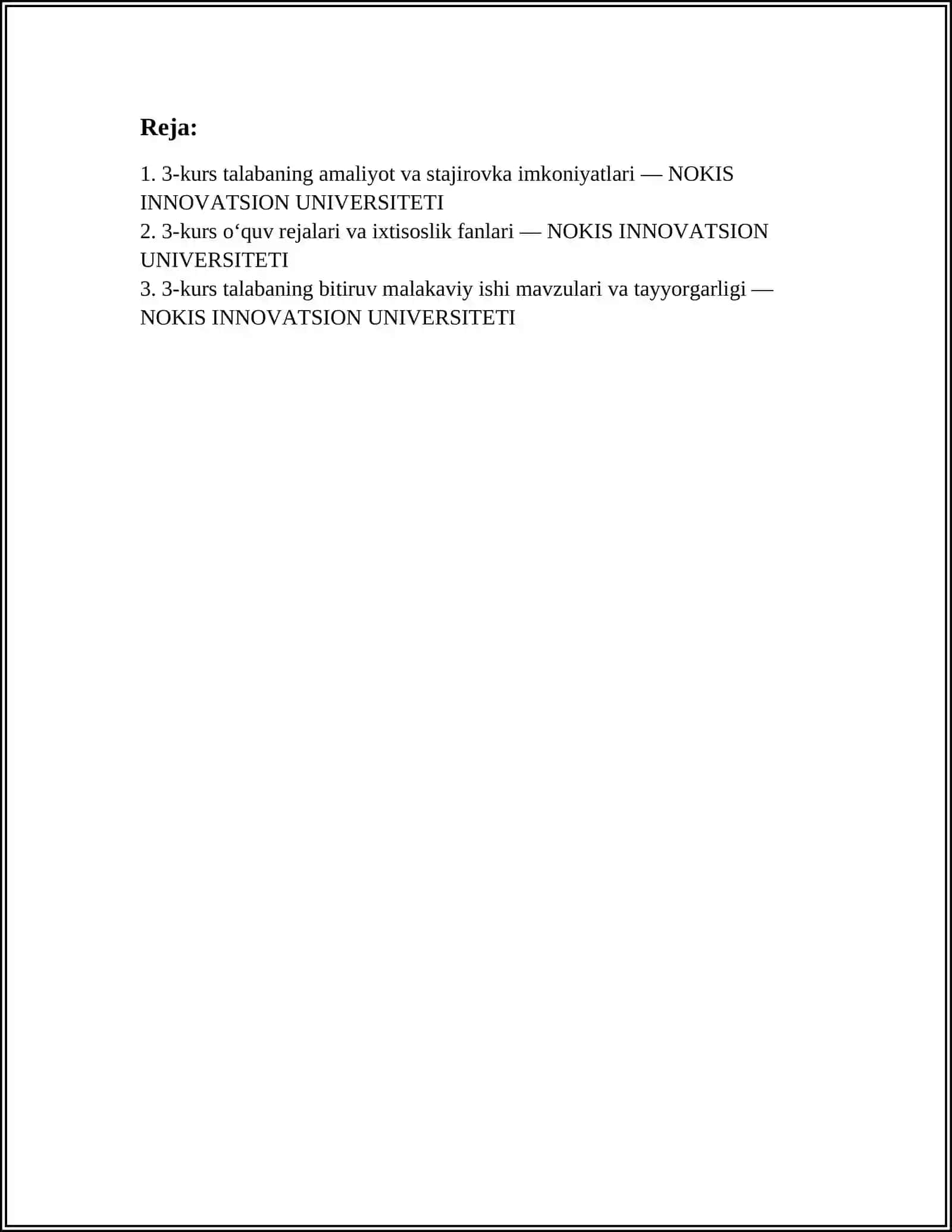 NOKIS INNOVATSION UNIVERSITETI, 3-KURS TALABA, YULDASHEV DAVRONBEK” 2