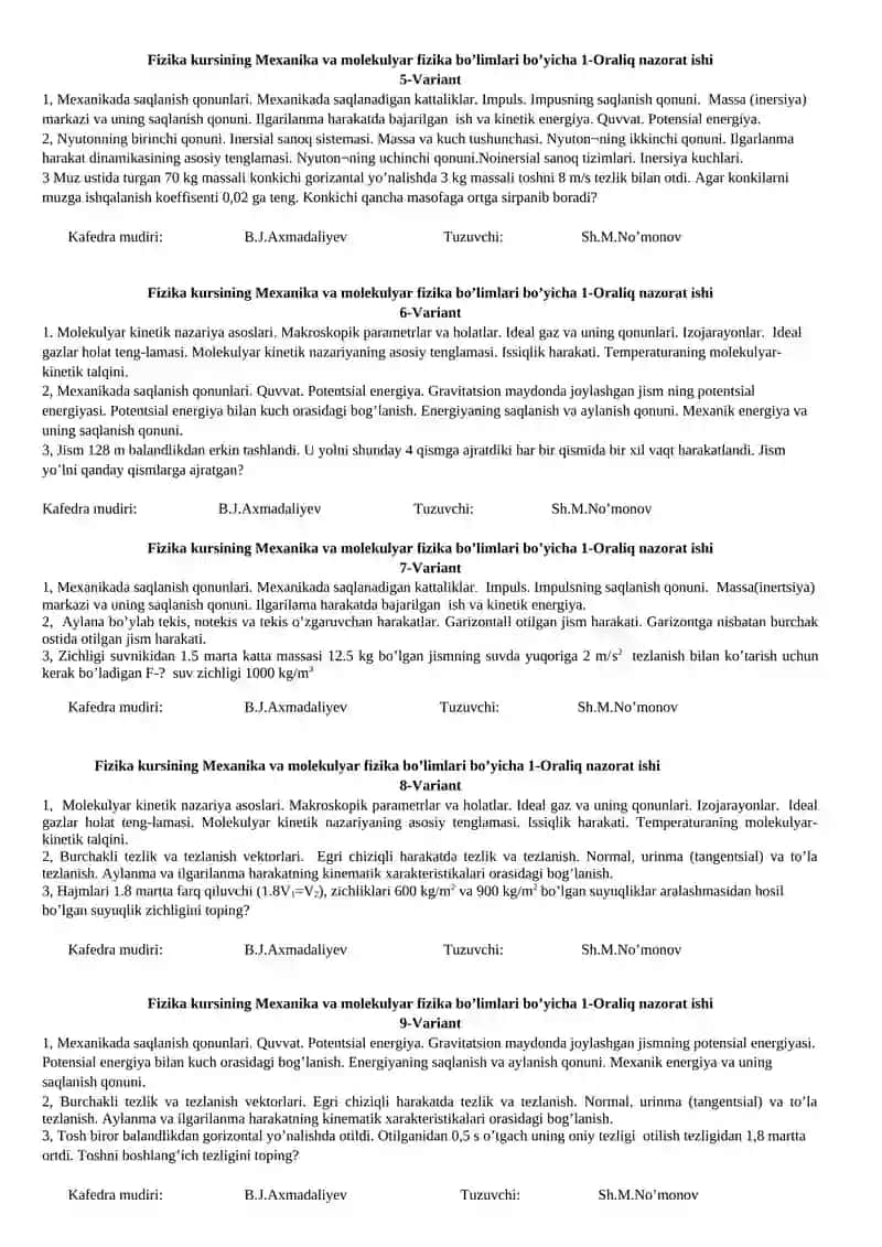 Fizika kursining Mexanika va molekulyar fizika bo’limlari bo’yicha 1-Oraliq nazorat ishi 2