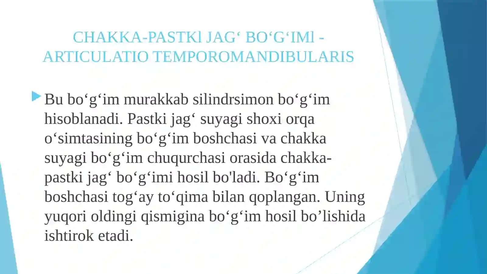 CHAKKA-PASTKlJAG‘BO‘G‘IMl- ARTICULATIO TEMPOROMANDIBULARIS 2