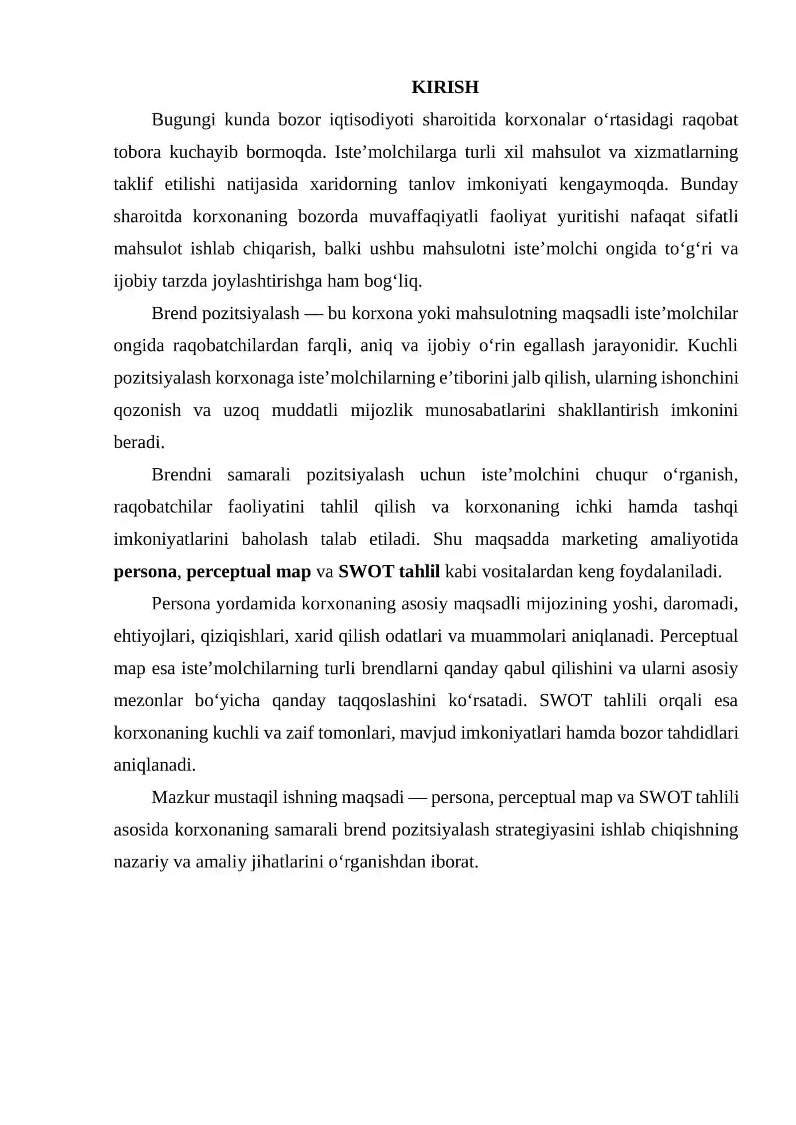 PERSONA, PERCEPTUAL MAP VA SWOT TAHLIL ASOSIDA KORXONANING BREND POZITSIYALASH STRATEGIYASINI ISHLAB CHIQISH 2