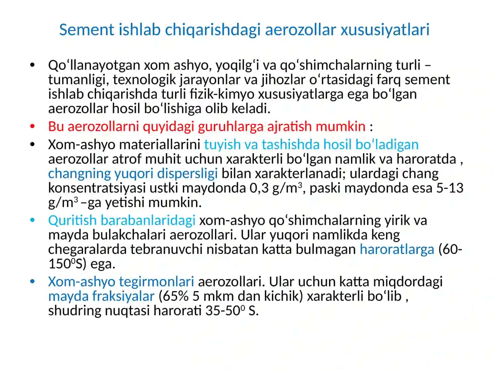 Sement ishlab chiqarishdagi aerozollar xususiyatlari 2