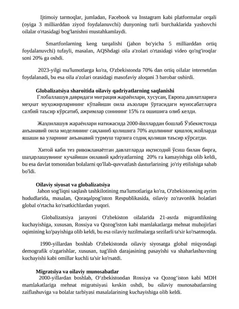 Globallashuv jarayoni va oila instituti 2