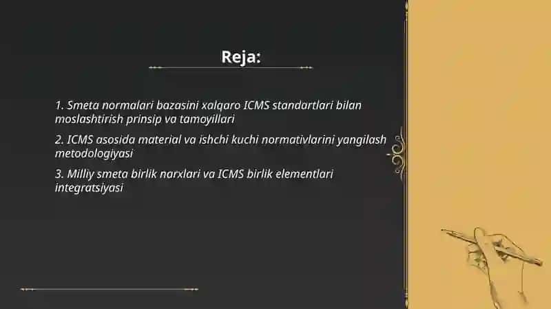 Smeta normalari bazasini takomillashtirish istiqbollari xalqaro ICMS standartlari moslashuvi 2