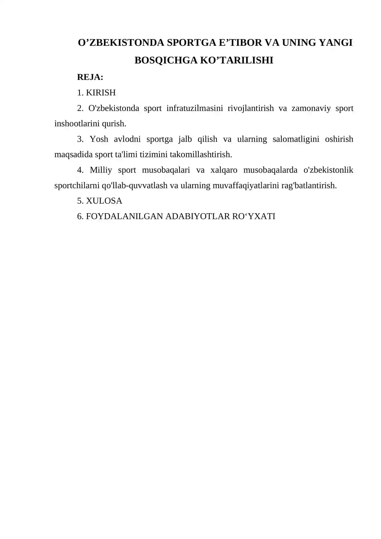 O’ZBEKISTONDA SPORTGA E’TIBOR VA UNING YANGI BOSQICHGA KO’TARILISHI 2
