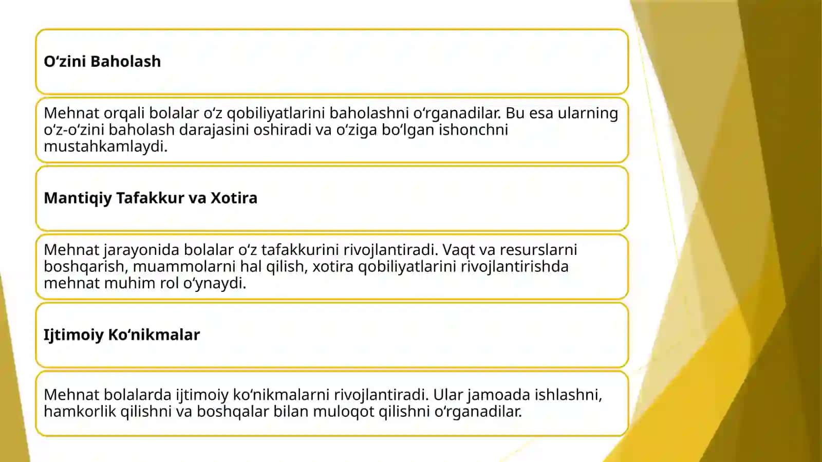 Maktab yoshidagi bolaning psixik rivojlanishida mehnatga bo’lgan ehtiyojining psixologik xususiyatlari 2