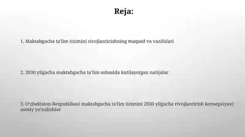 Ozbekiston Respublikasi maktabgacha taʼlim tizimini 2030yilgacha rivojlantirish konsepsiyasi 2