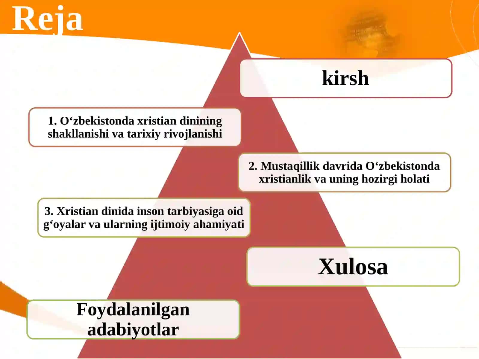 O'zbekistonda xristian dinining tarixi va hozirgi zamon, Xristian dinida inson tarbiyasI 2