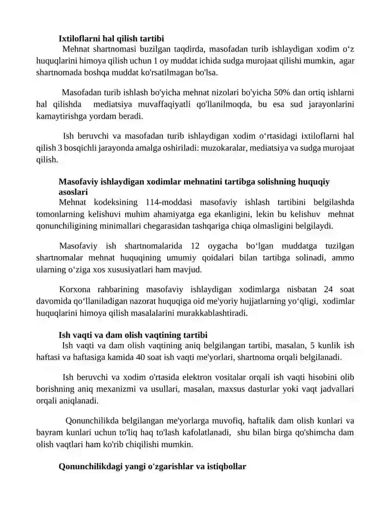 Masofadan turib ishlovchi xodimlarning mehnatini huquqiy jihatdan tartibga solishning xususiyatlari 2